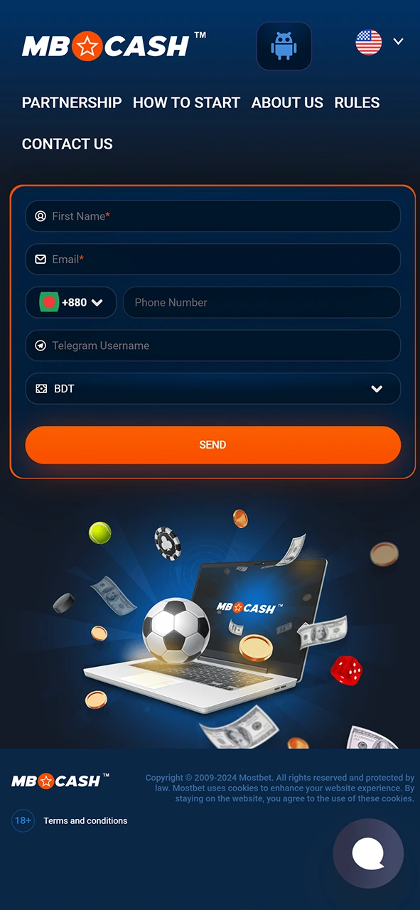 Register a Mostbet agent account by filling out the form.