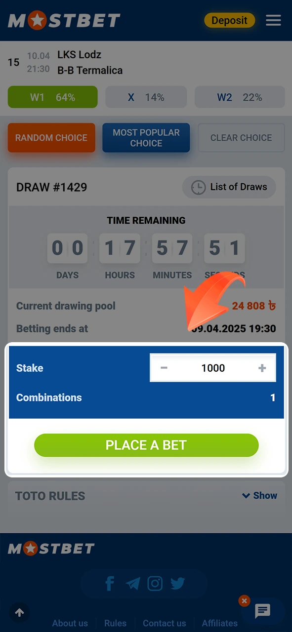 Enter the amount and place your bet in the TOTO section at Mostbet.