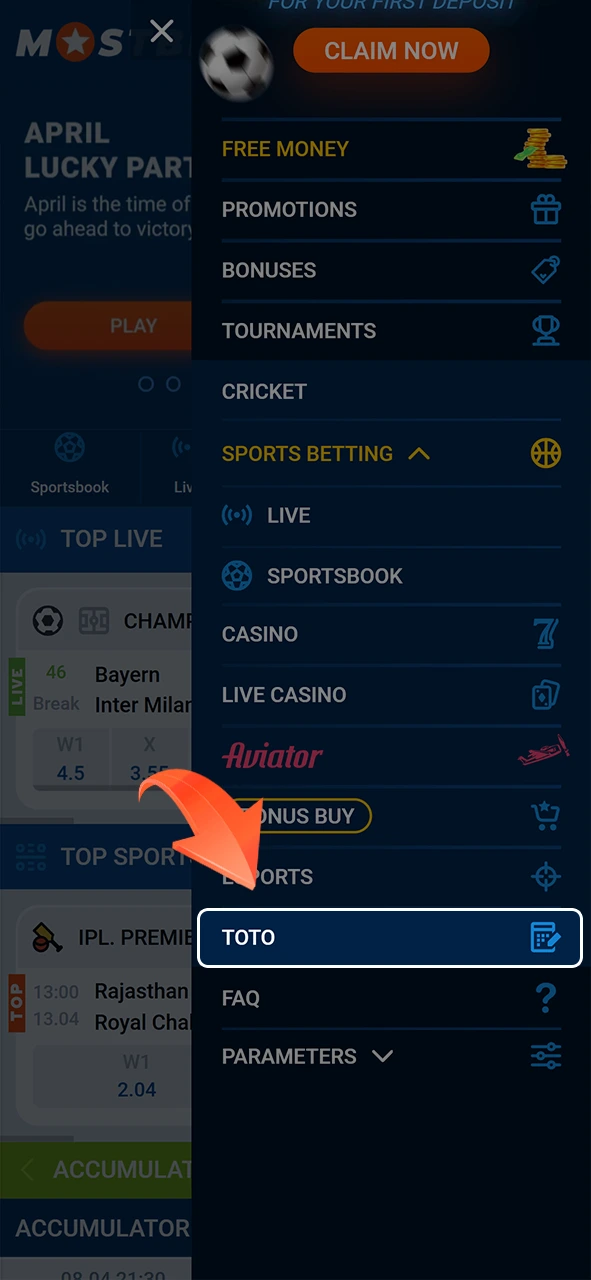 Open Mostbet and find TOTO section.