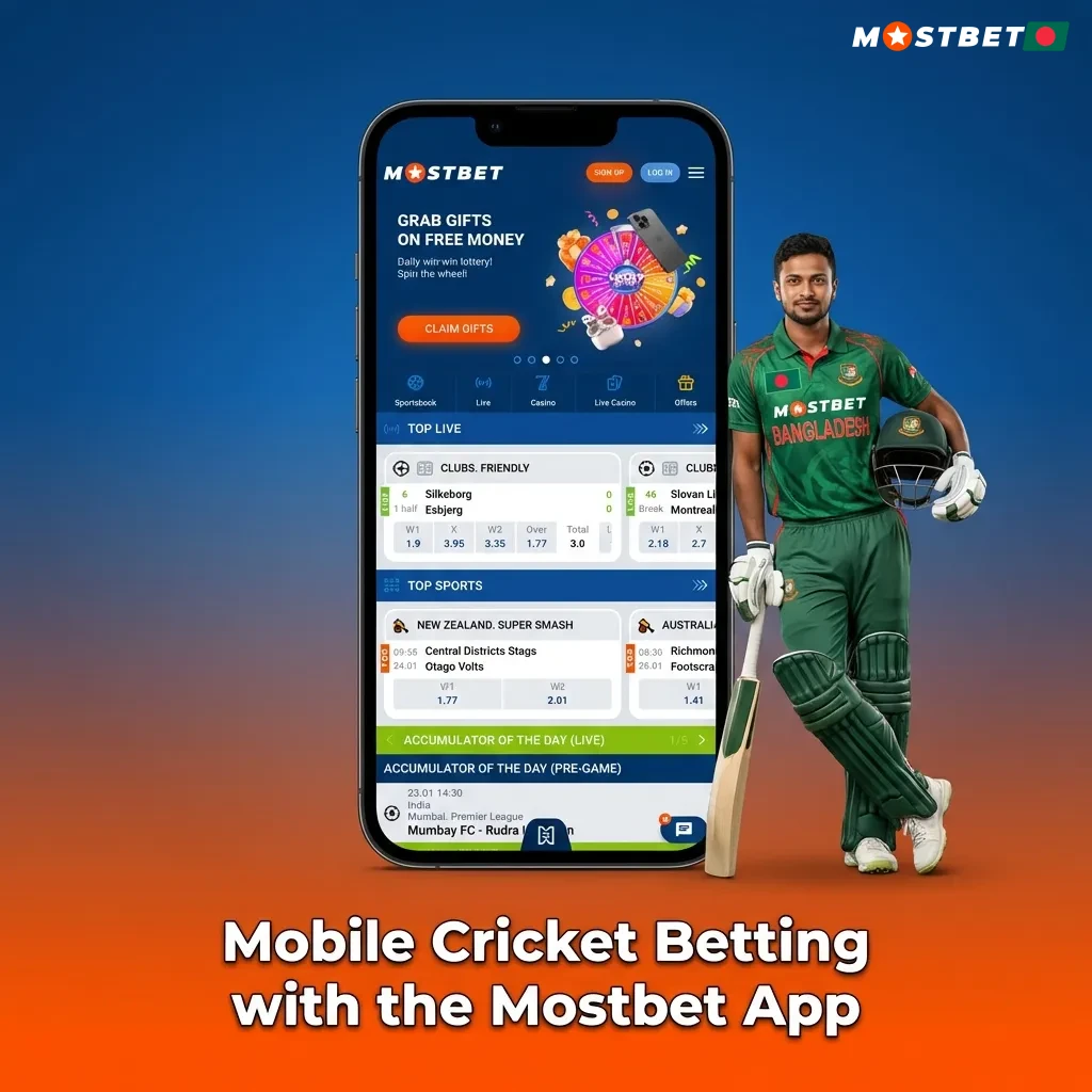 Mobile phone displaying Mostbet cricket betting app interface with live match odds and betting options.