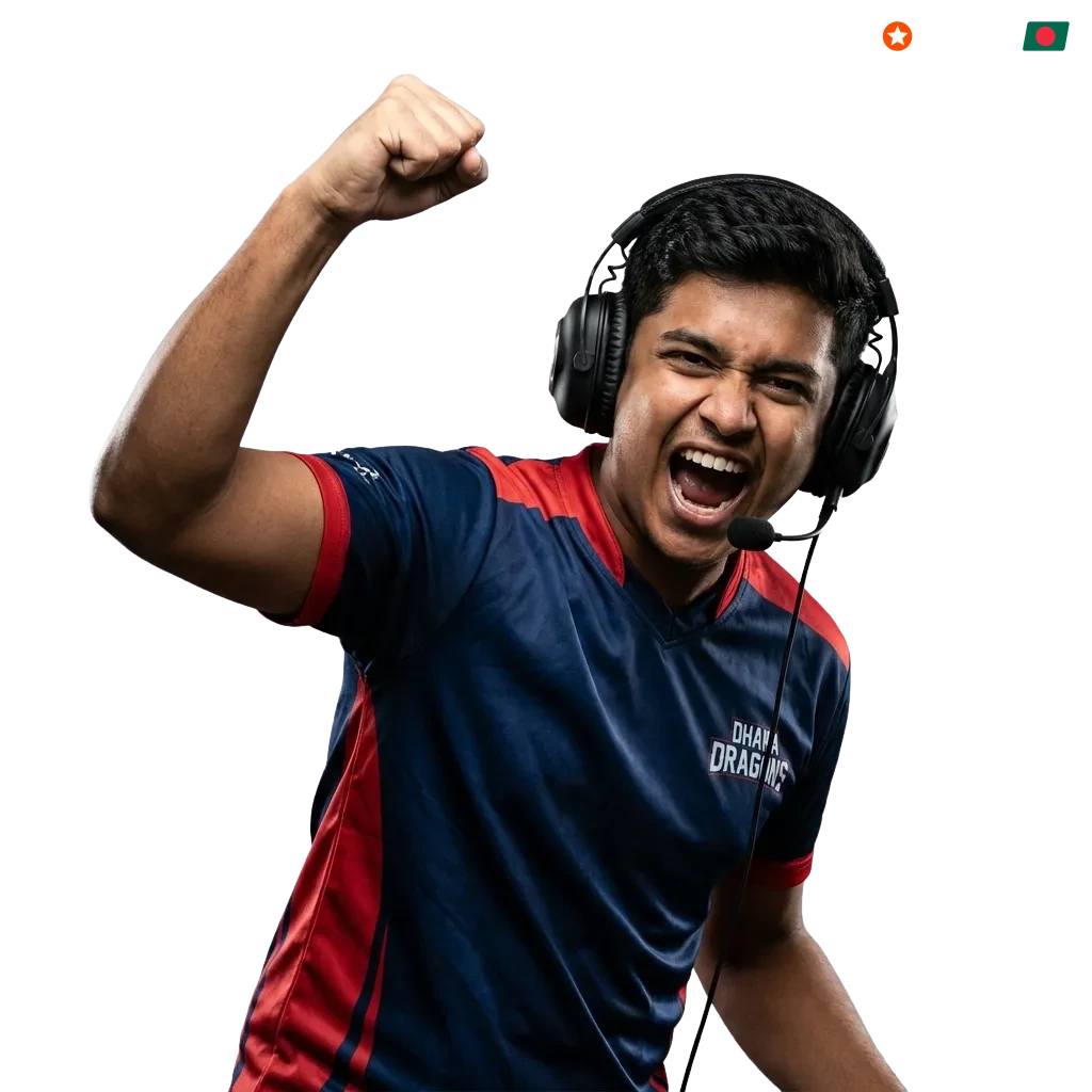 E-sports betting interface showing live tournaments, competitive gaming matches, and real-time odds for Bangladesh players
