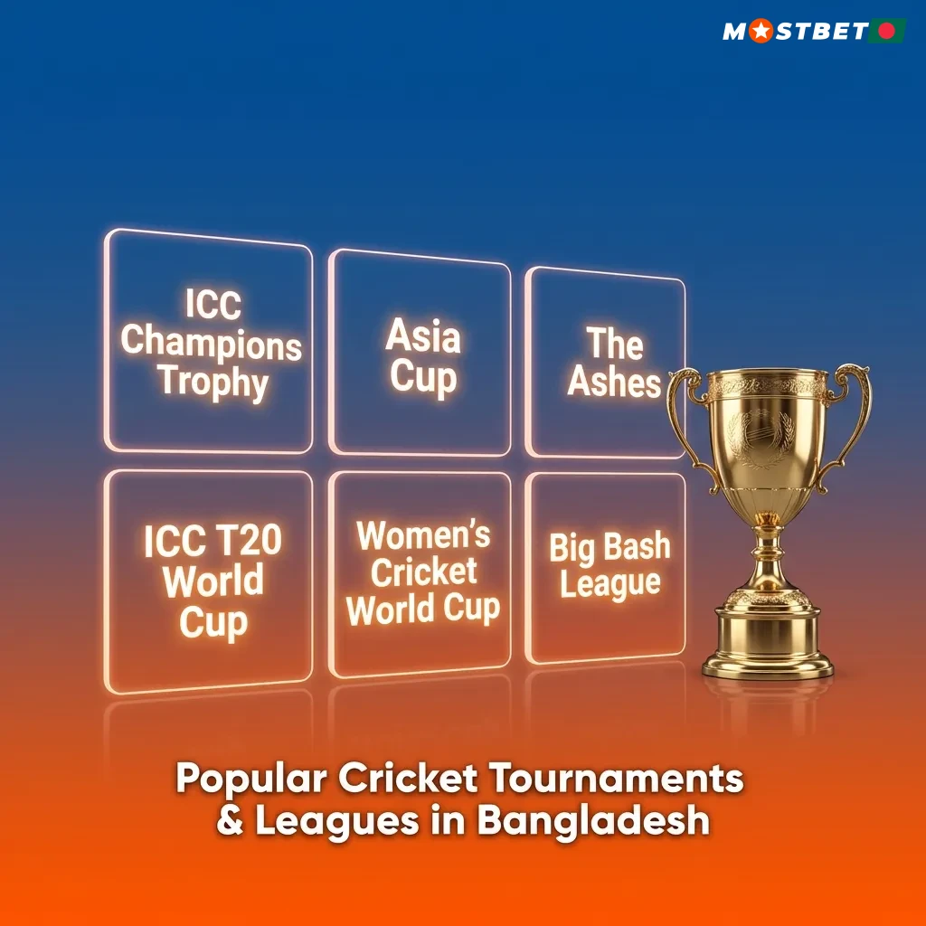 Cricket tournaments including World Cup, IPL, and BPL with betting markets for Bangladesh bettors.