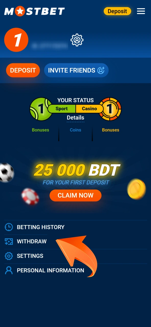 Access the withdrawal tab in your Mostbet account settings to start a payout.