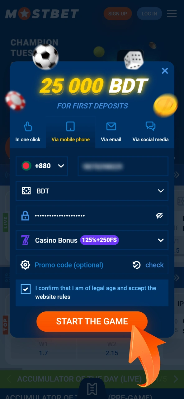 Use your promo code during the registration process to get a boosted welcome bonus at Mostbet.