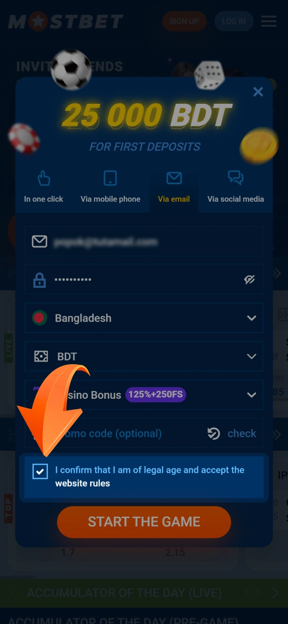 Read and accept the terms and conditions to proceed with your Mostbet registration.