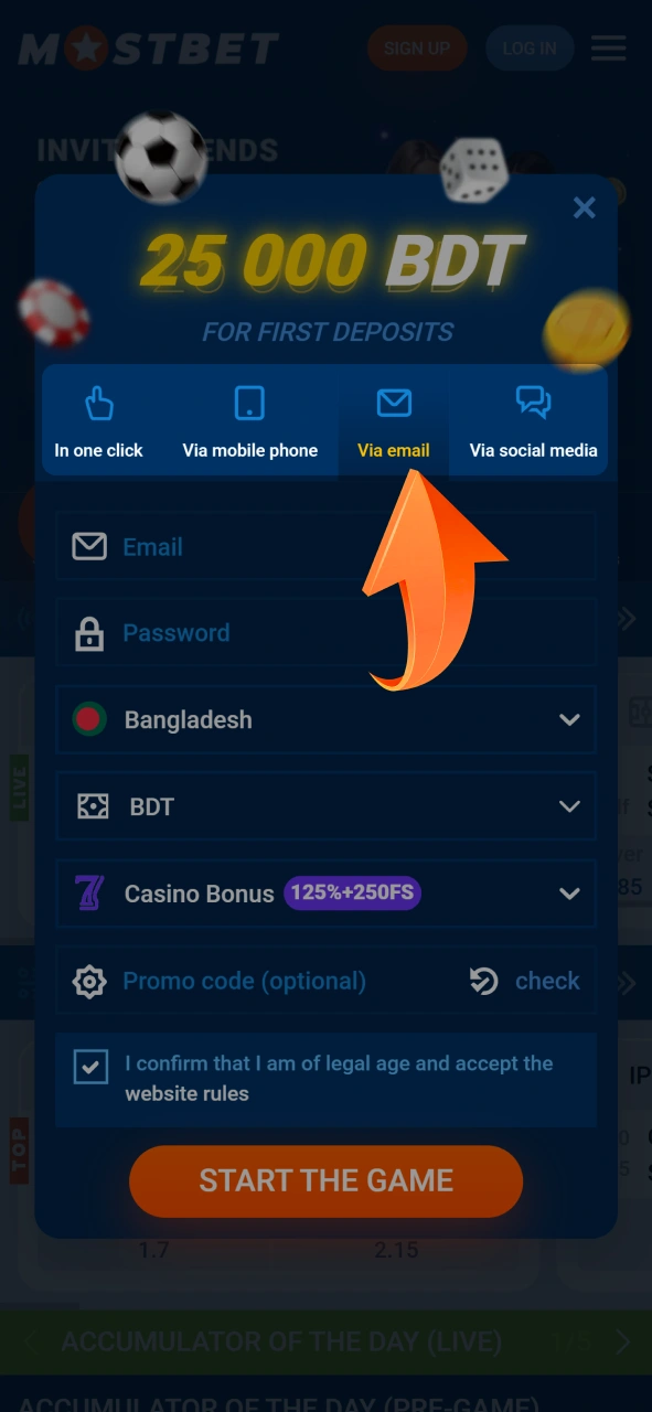Select your preferred registration method (one-click, phone, or email) at Mostbet.